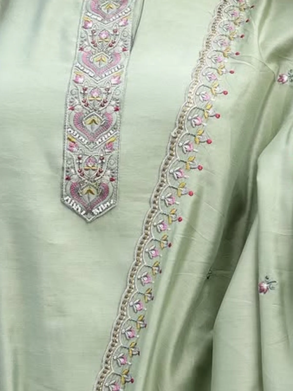 Odette Light Green Silk Blend Embroidered Stitched Kurta Set For Women - Image 4