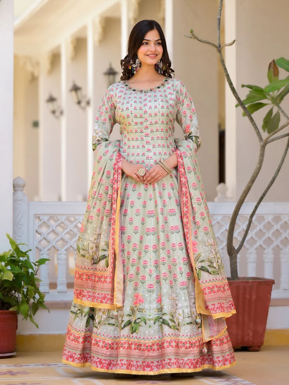 Odette Light Green Silk Blend Printed Stitched Gown For Women - Image 2