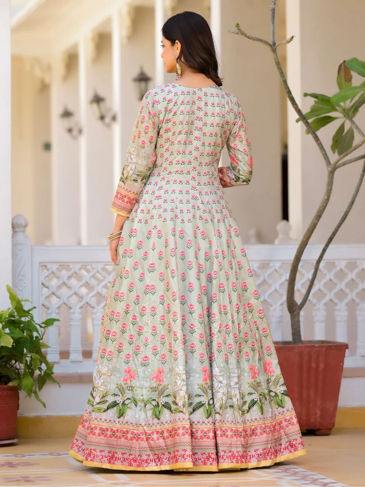 Odette Light Green Silk Blend Printed Stitched Gown For Women - Image 3