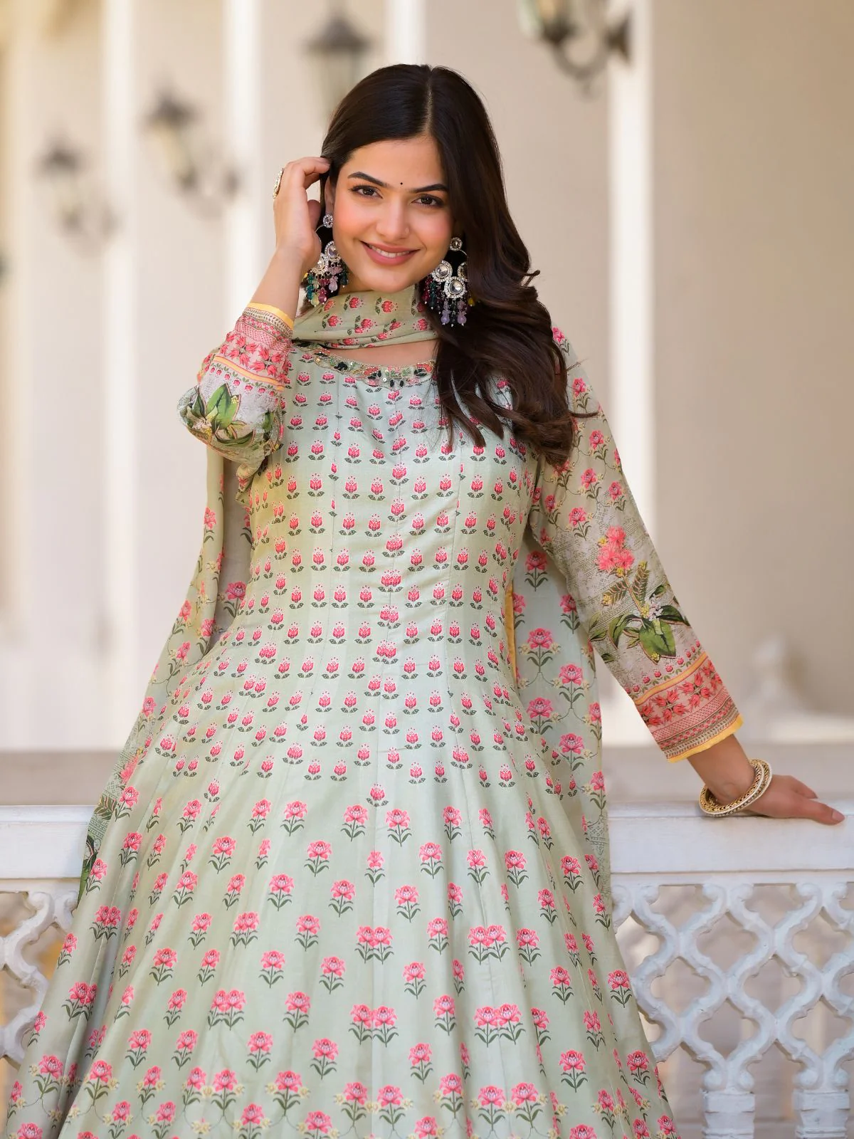 Odette Light Green Silk Blend Printed Stitched Gown For Women - Image 4