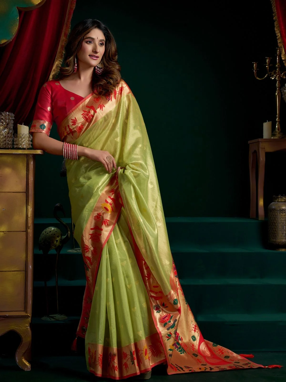 Odette Light Green Silk Blend Woven Saree For Women - Image 3