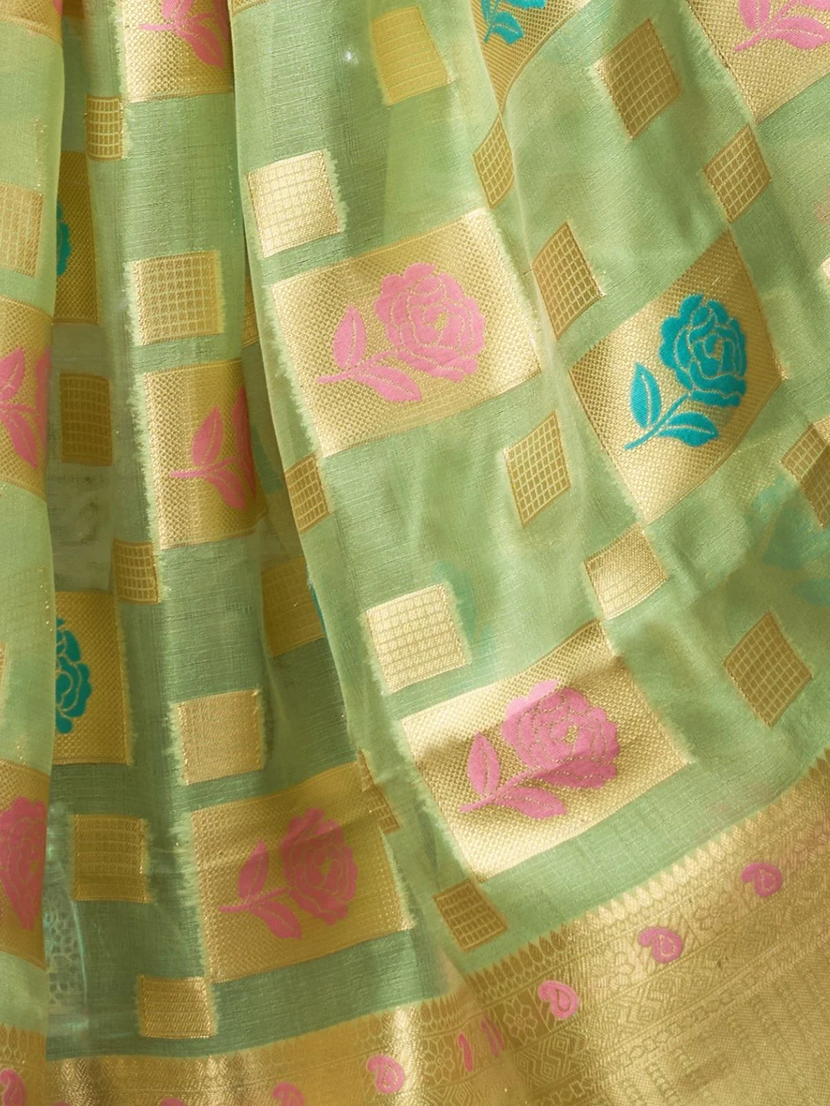 Odette Light Green Silk Blend Woven Saree For Women - Image 6