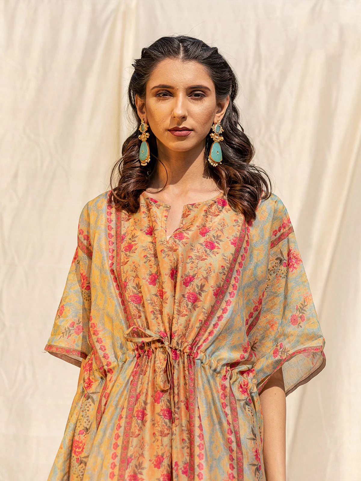 Odette Light Green Silk Printed Stitched Indo Western Kaftan For Women - Image 3