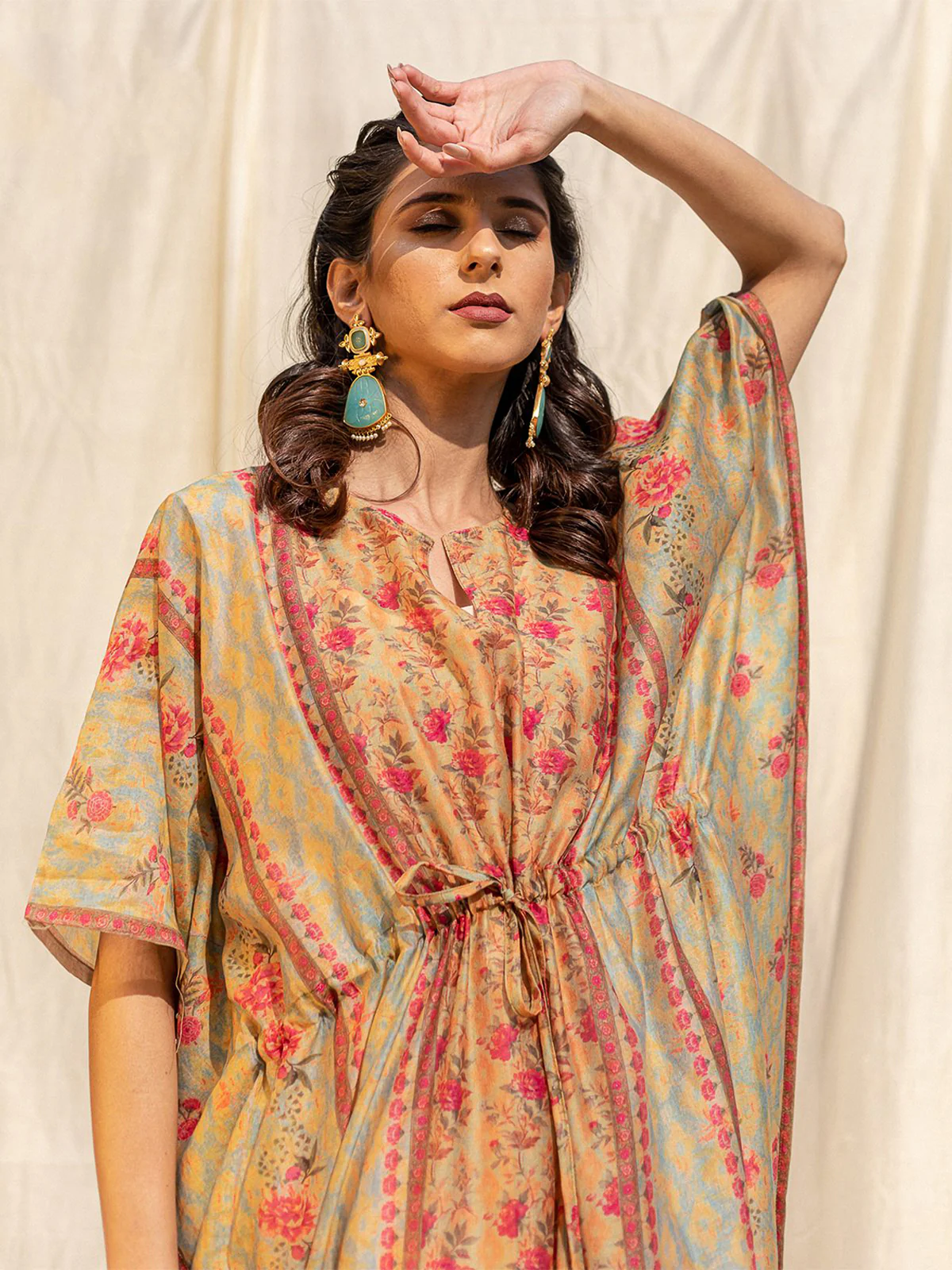 Odette Light Green Silk Printed Stitched Indo Western Kaftan For Women - Image 4