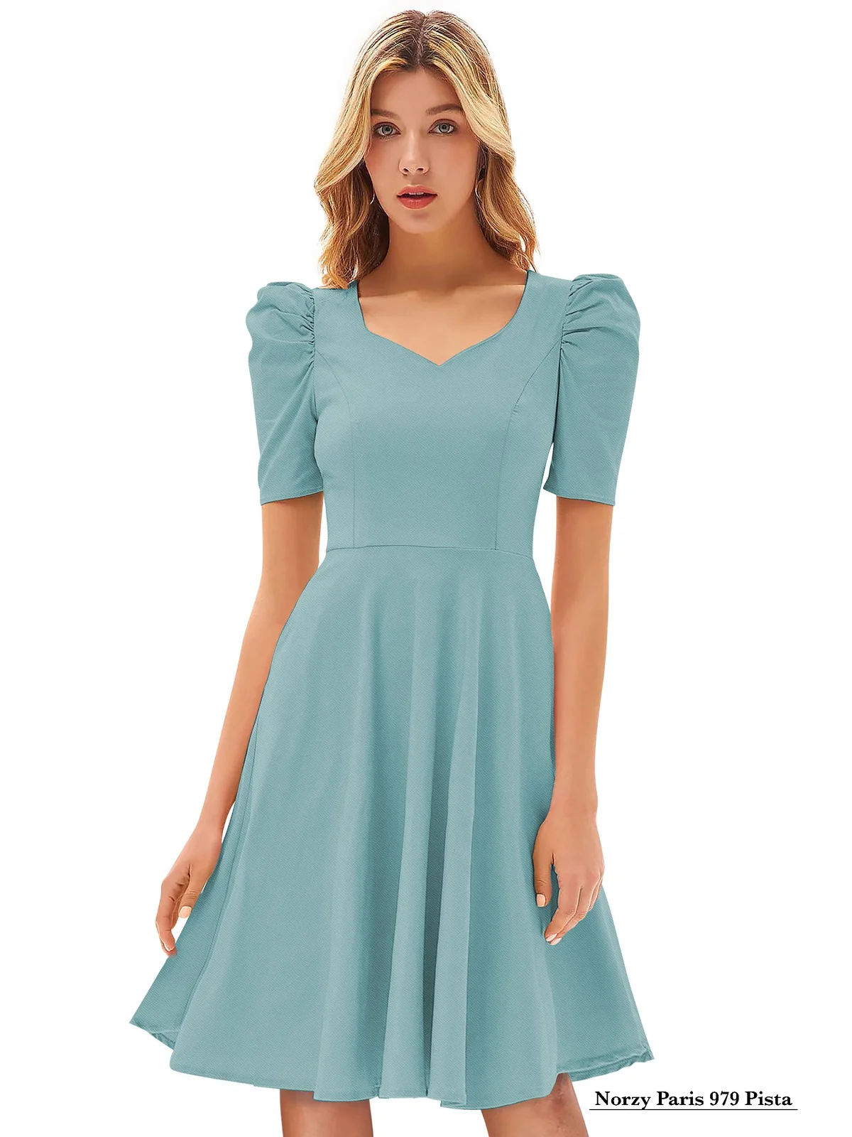 Odette Light Blue Knit Fabric Skater Dress For Women - Image 2