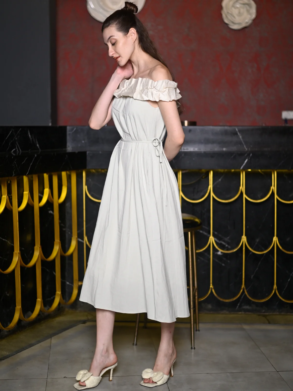 Odette Light Green Polyester Solid Western Dress for Women - Image 2