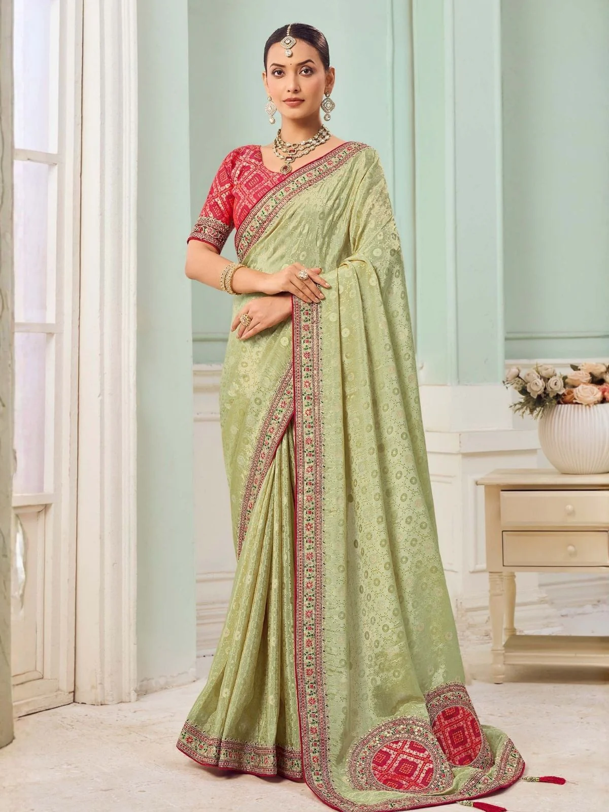 Odette Light Green Viscose Embroidered Saree For Women