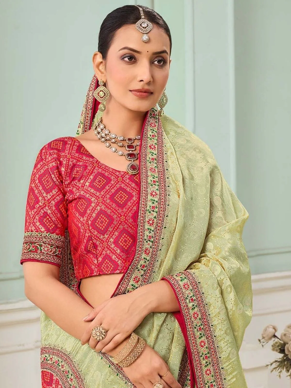 Odette Light Green Viscose Embroidered Saree For Women - Image 2