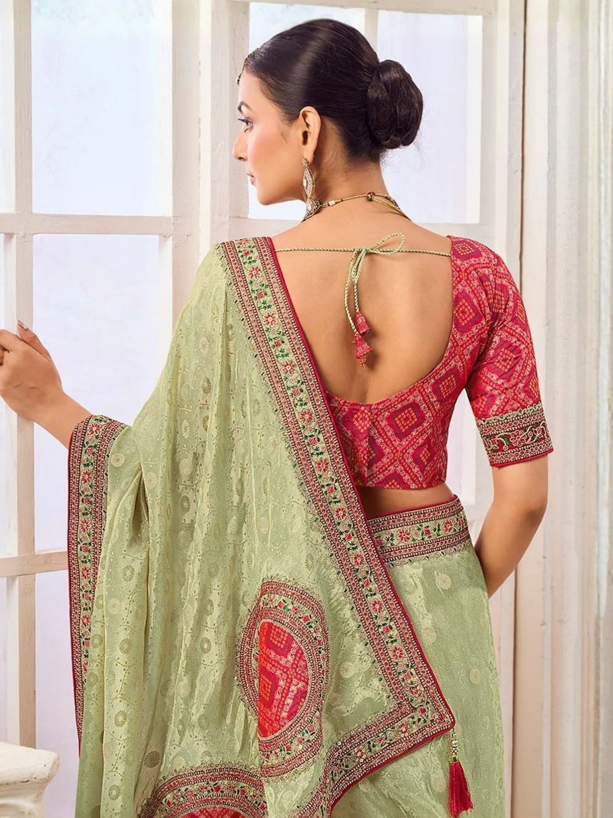 Odette Light Green Viscose Embroidered Saree For Women - Image 3