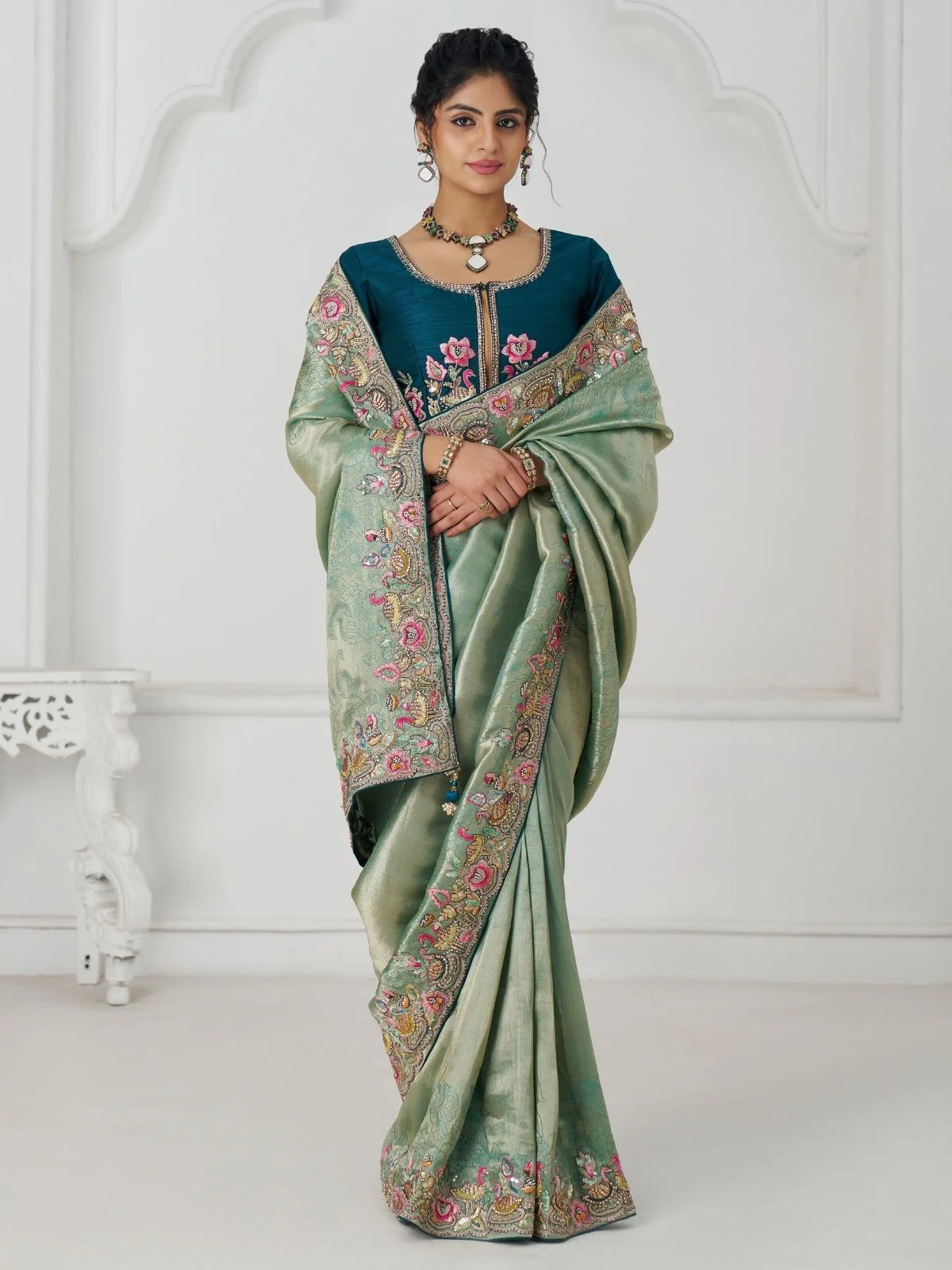 Odette Light Green Viscose Silk Embroidered Saree For Women - Image 2