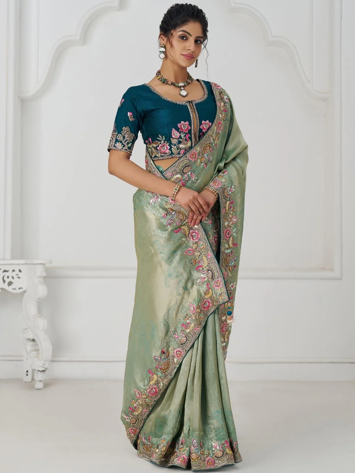 Odette Light Green Viscose Silk Embroidered Saree For Women - Image 3