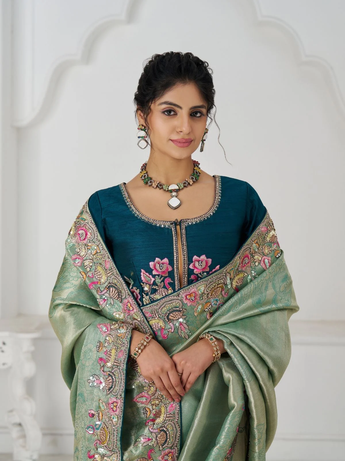 Odette Light Green Viscose Silk Embroidered Saree For Women - Image 5