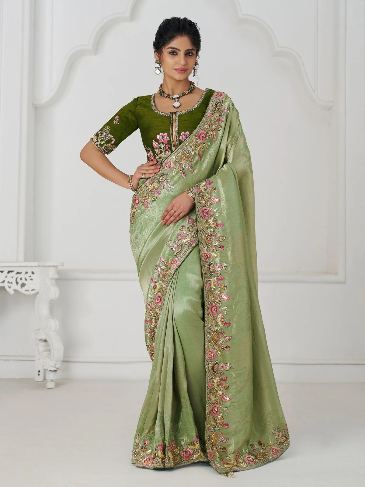 Odette Light Green Viscose Silk Embroidered Saree For Women - Image 2