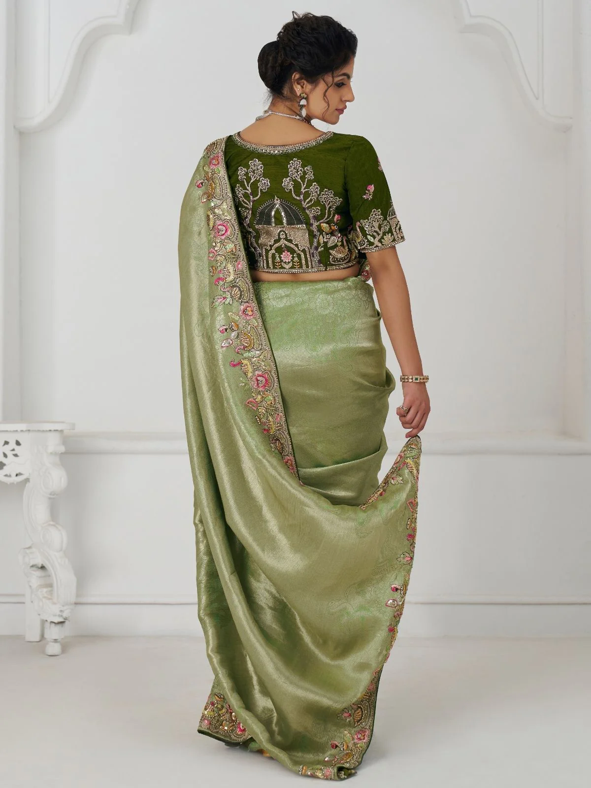 Odette Light Green Viscose Silk Embroidered Saree For Women - Image 3