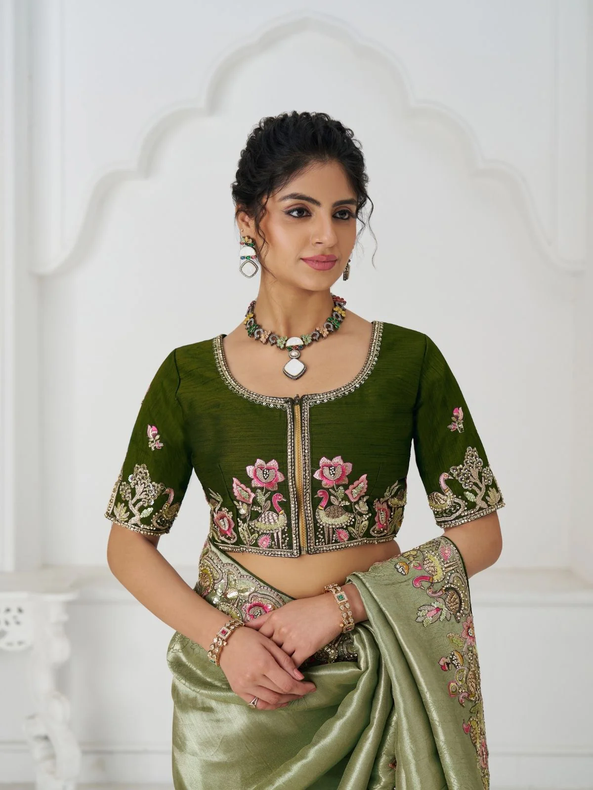 Odette Light Green Viscose Silk Embroidered Saree For Women - Image 5