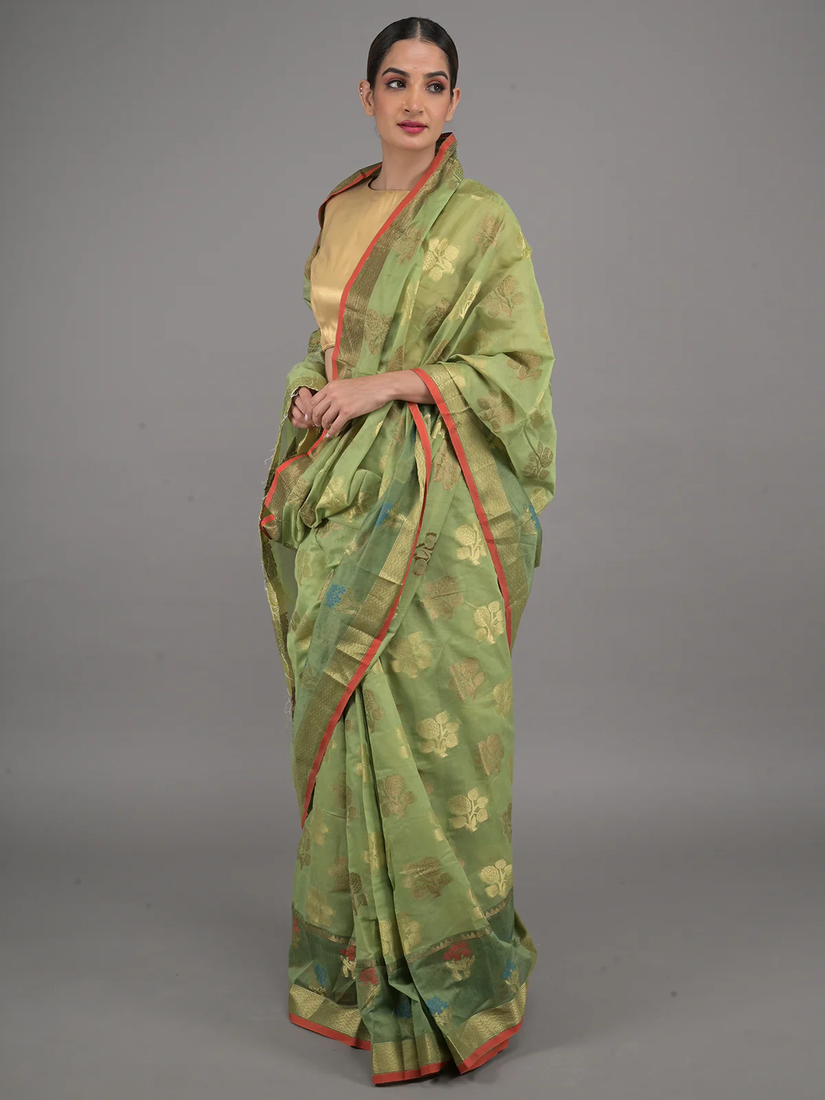 Odette Light Green Woven Cotton Blend Saree with Unstitched Blouse for Women - Image 2