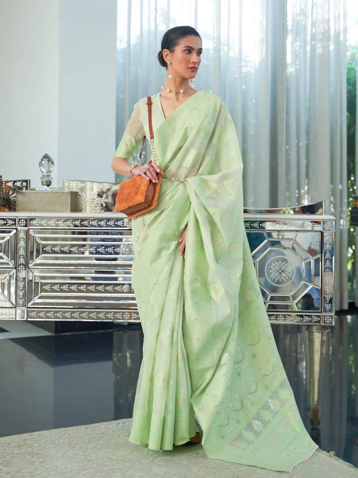 Odette Light Green Woven Design Cotton Blend Saree With Unstitched Blouse For Women