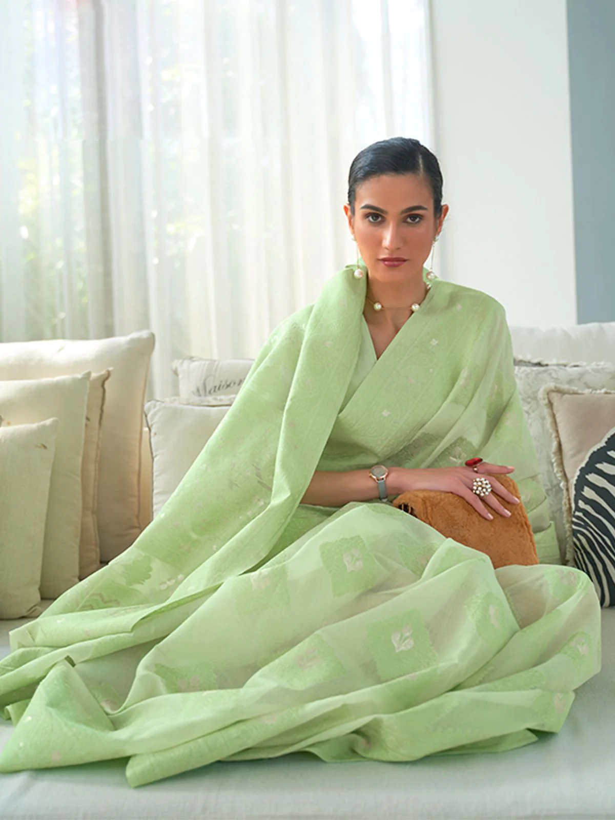 Odette Light Green Woven Design Cotton Blend Saree With Unstitched Blouse For Women - Image 2
