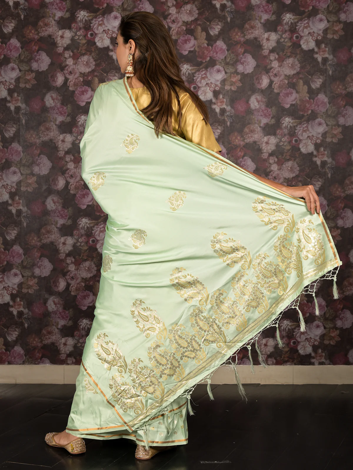 Odette Light Green Woven Satin Saree With Unstitched Blouse For Women - Image 6