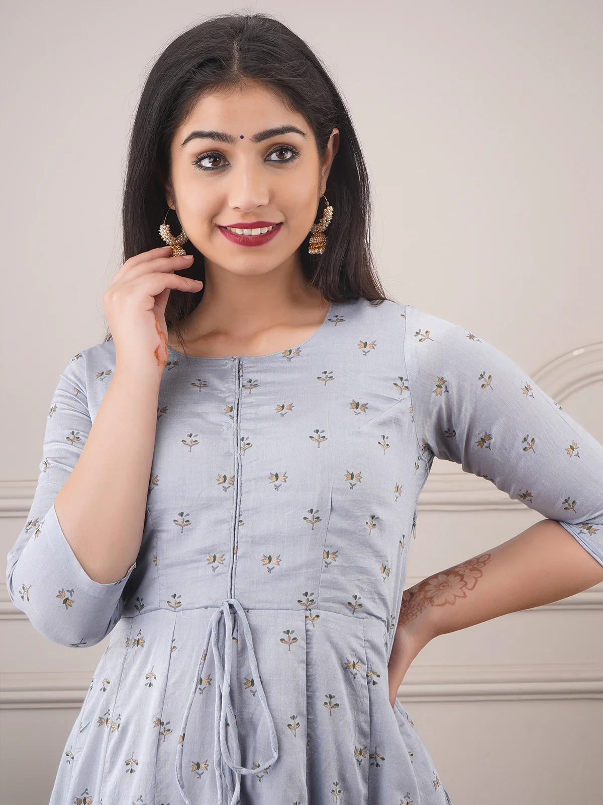 Odette Light Grey Chanderi Printed Stitched Gown for Women - Image 2