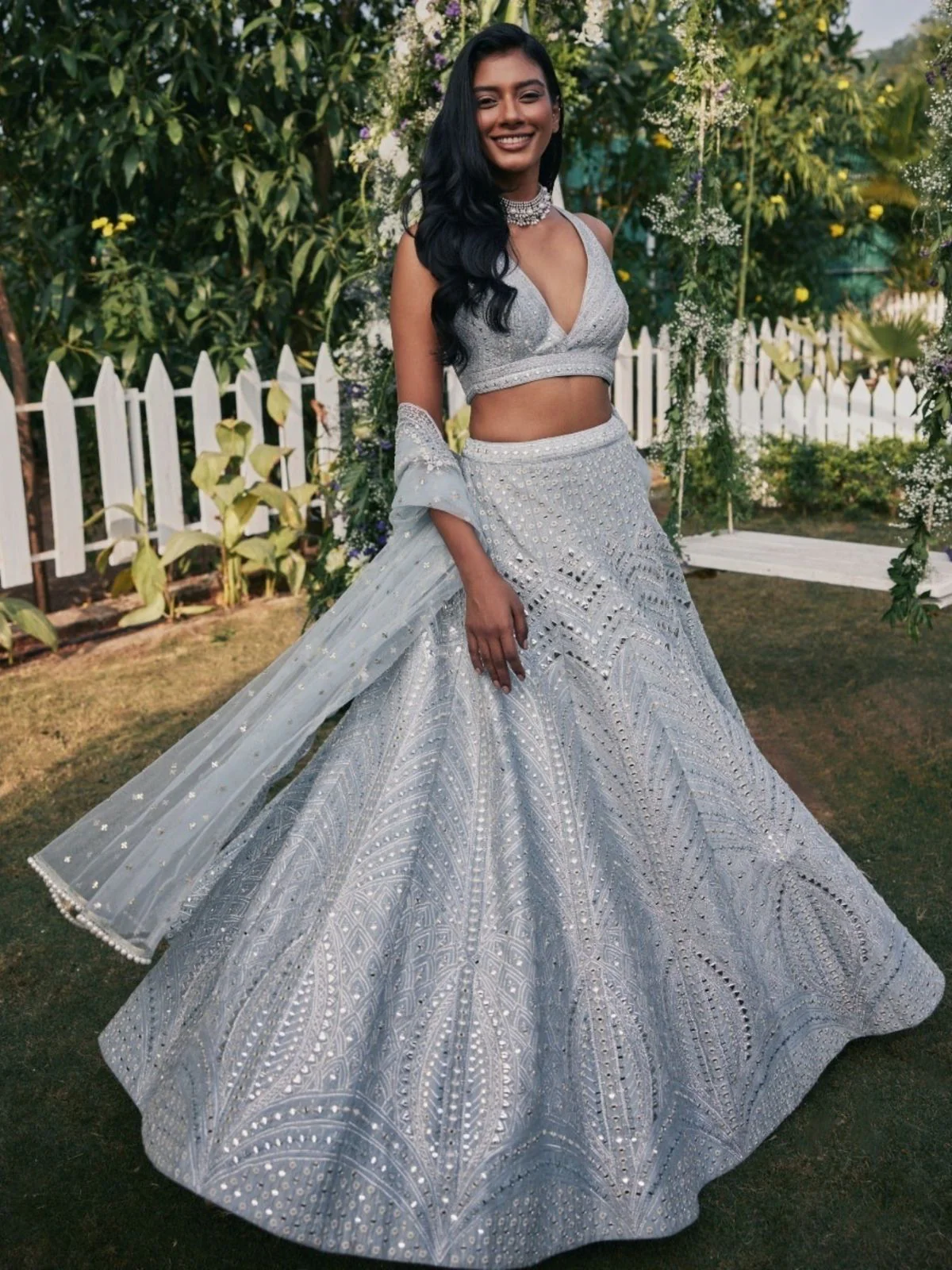Odette Light Grey Silk Blend Embellished Semi-Stitched Lehenga For Women - Image 2