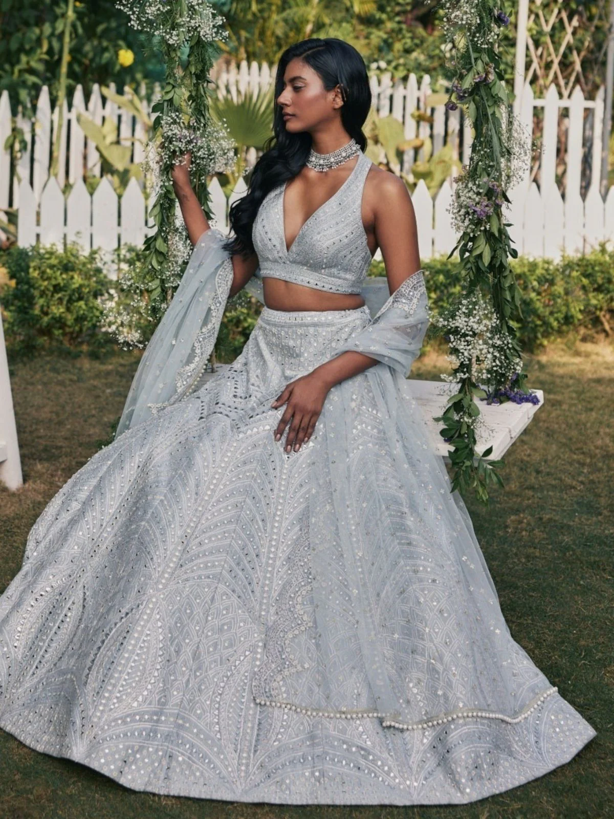 Odette Light Grey Silk Blend Embellished Semi-Stitched Lehenga For Women - Image 3