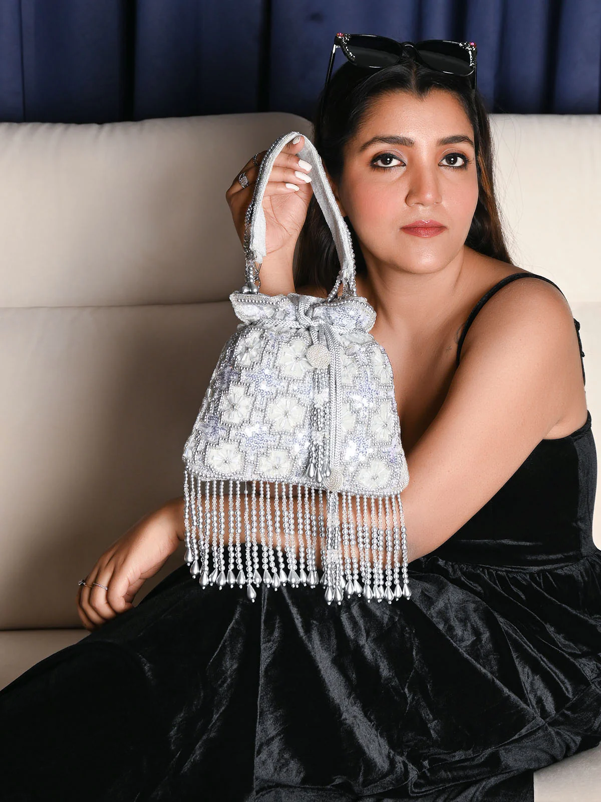 Odette Light Grey Velvet Metallic Sequins and Bead Work potli For Women - Image 2