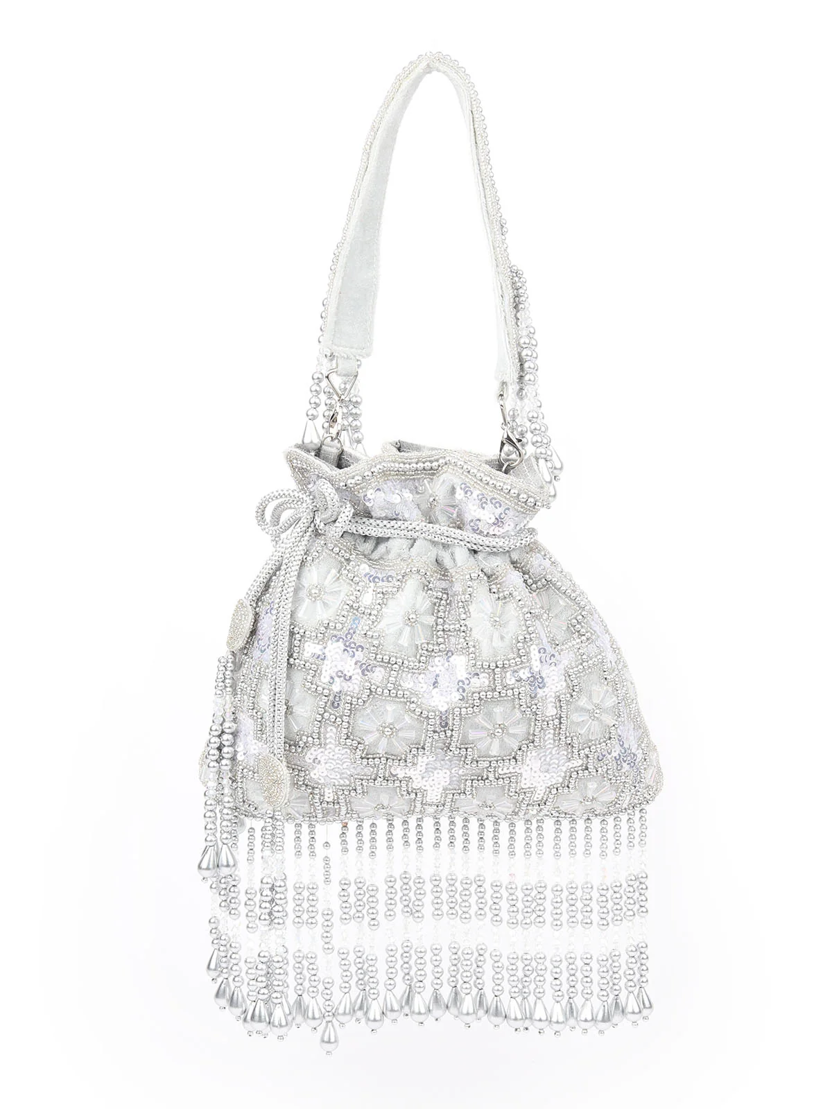 Odette Light Grey Velvet Metallic Sequins and Bead Work potli For Women - Image 3