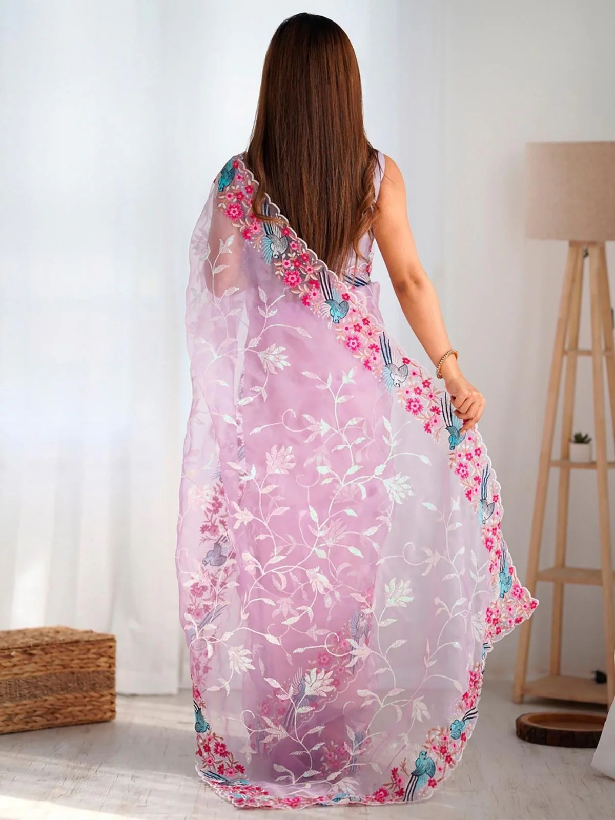 Odette Light Lavender Organza Embroidered Solid Saree For Women - Image 2