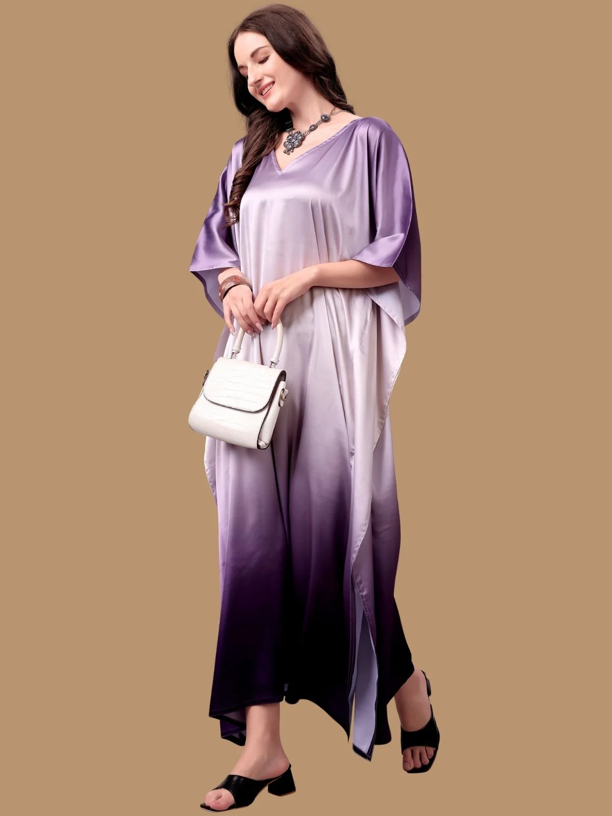 Odette Light Lavender Satin Printed Kaftan For Women - Image 2