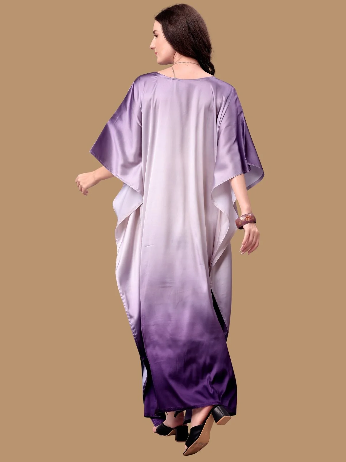 Odette Light Lavender Satin Printed Kaftan For Women - Image 3