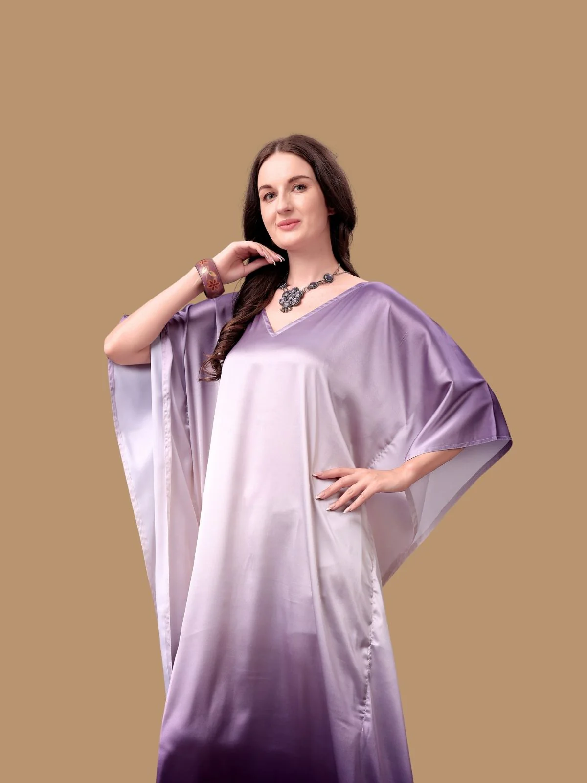 Odette Light Lavender Satin Printed Kaftan For Women - Image 4