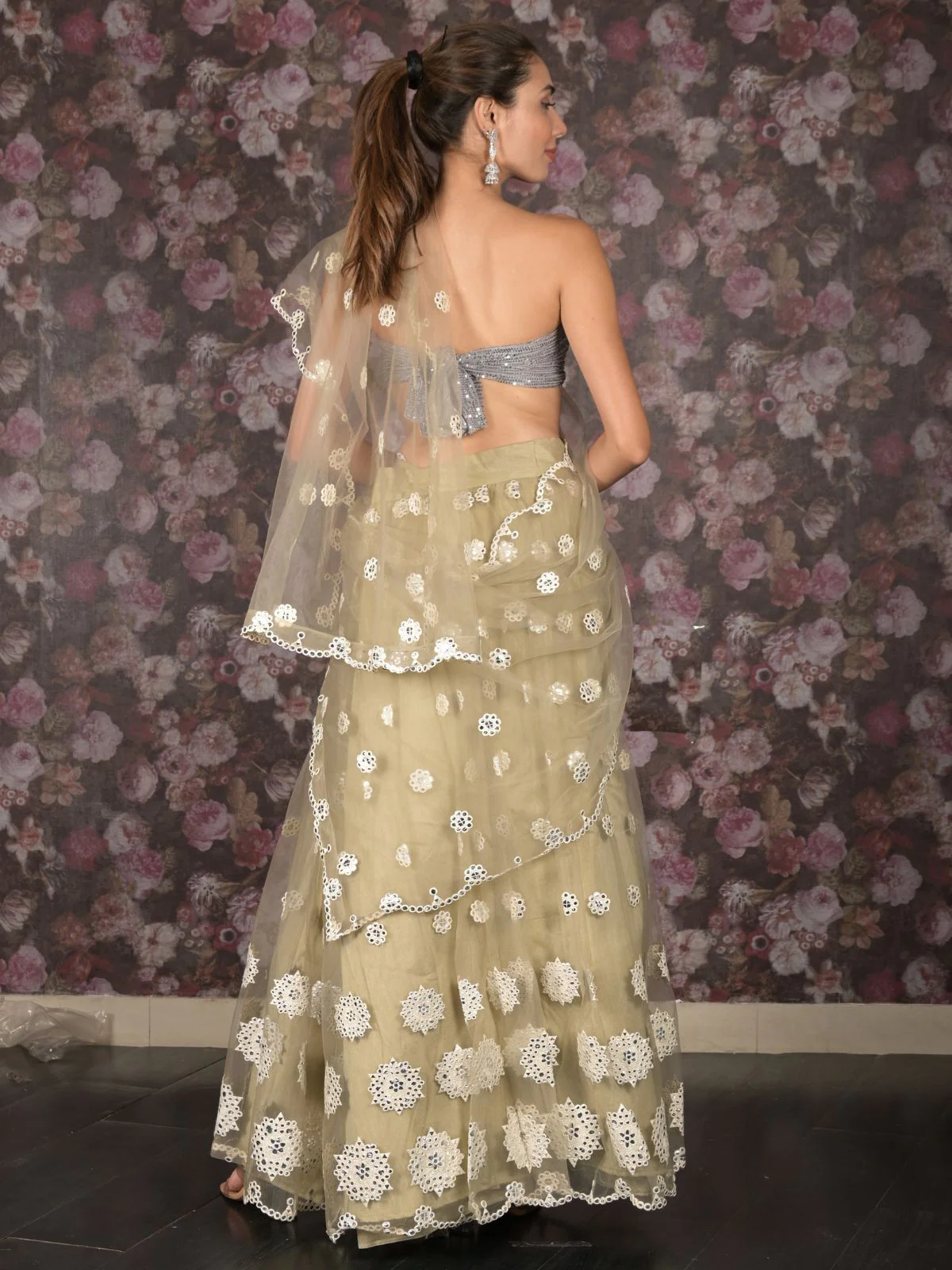 Odette Light Olive Foil Mirror Embroidered Net Semi-Stitched Lehenga with Unstitched Blouse for Women - Image 4