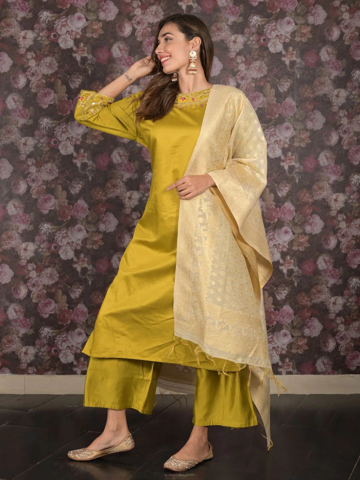 Odette Light Olive Sequins Embroidered Cotton Blend Stitched Kurta Set for Women - Image 2