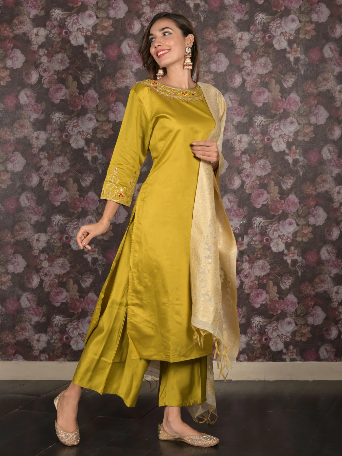 Odette Light Olive Sequins Embroidered Cotton Blend Stitched Kurta Set for Women - Image 3
