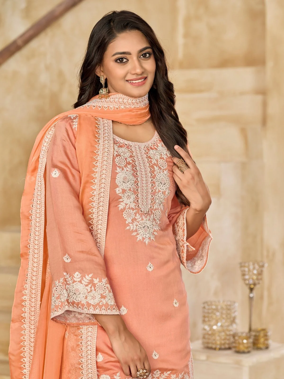 Odette Light Orange Silk Blend Embroidered Semi-Stiched Kurta Set For Women - Image 3