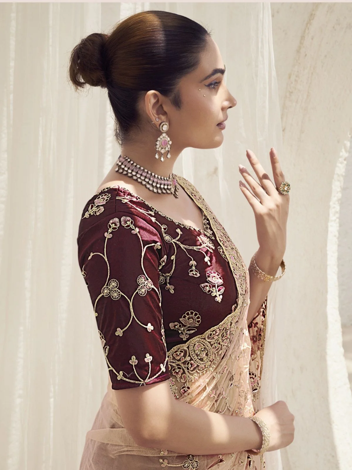 Odette Light Peach Net Embroidered Elegant Saree For Women - Image 3