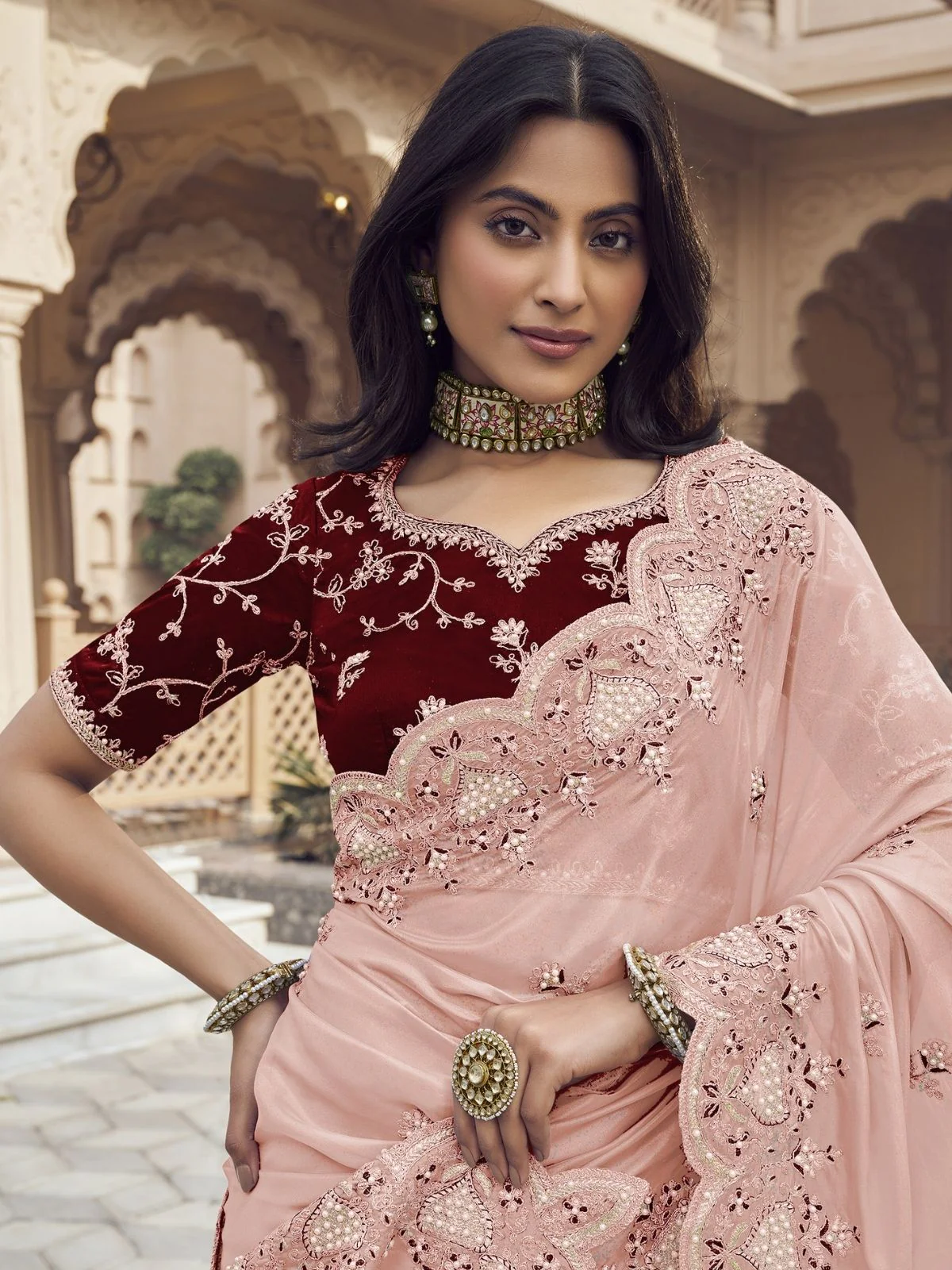 Odette Light Peach Silk Blend Embellished Elegant Saree For Women - Image 2