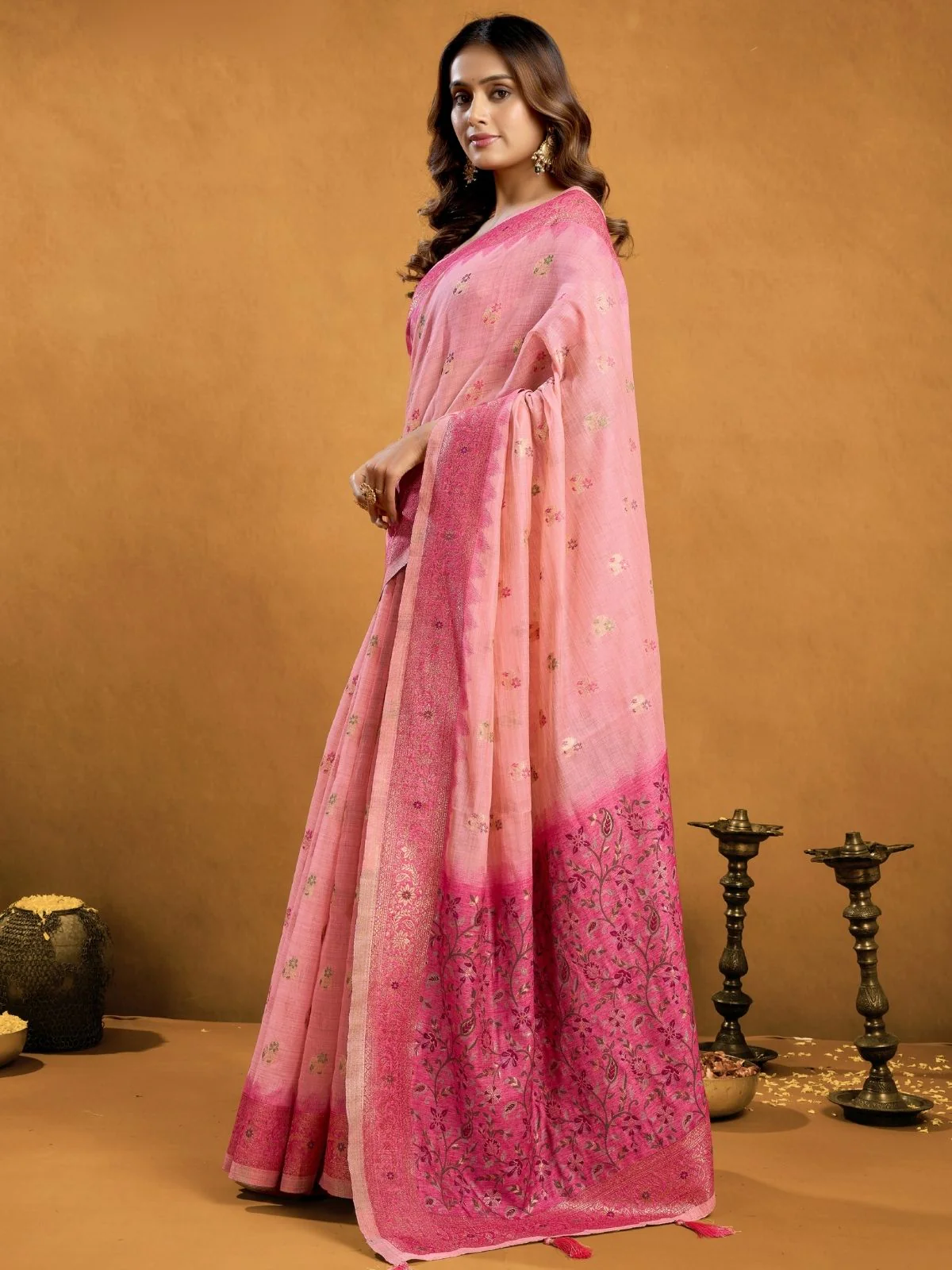 Odette Light Pink and Mauve Cotton Blend Woven Saree For Women - Image 2