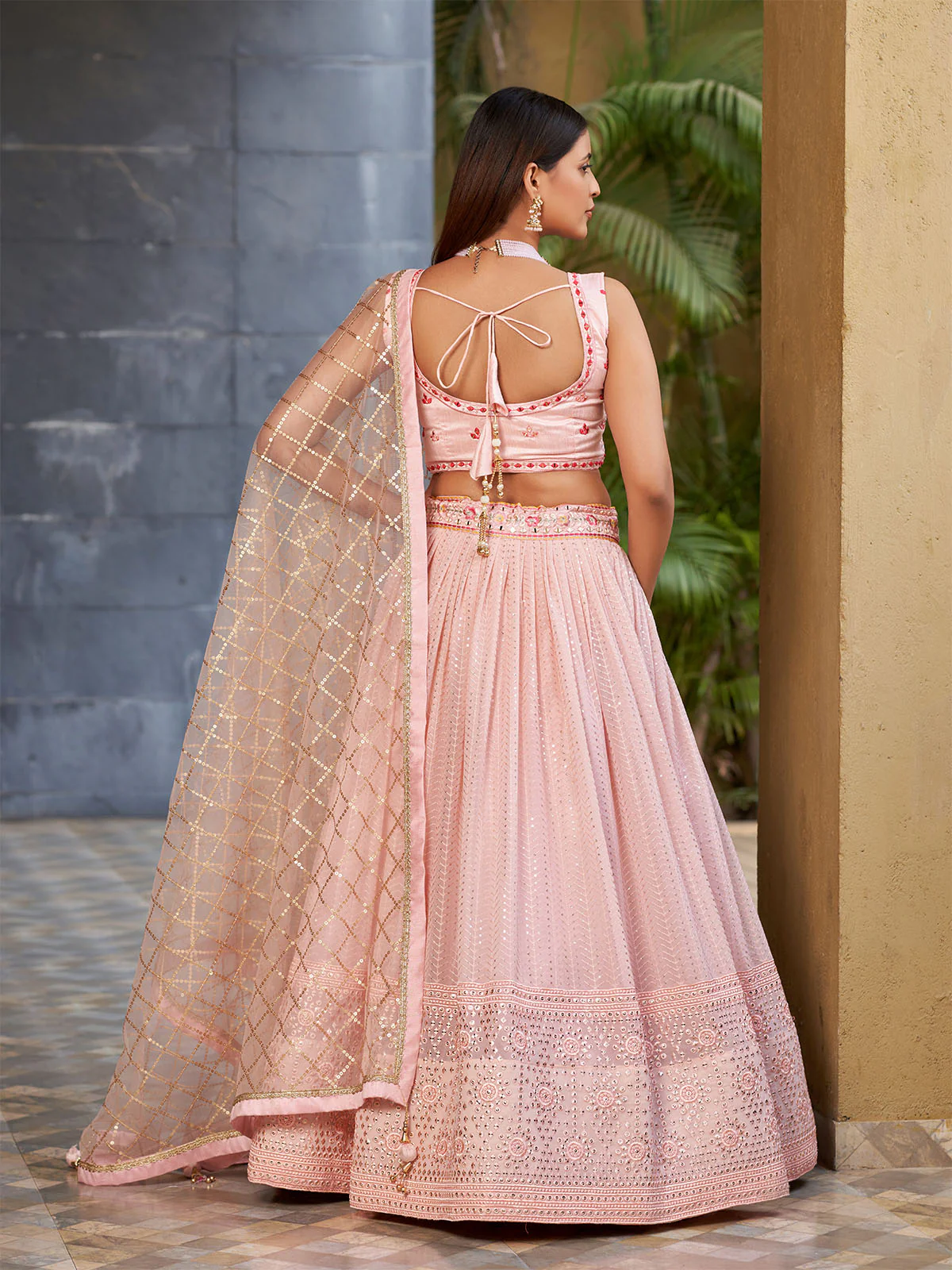 Odette Light Pink Art Silk Embellished Semi Stitched Lehenga With Unstitched Blouse For Women - Image 4