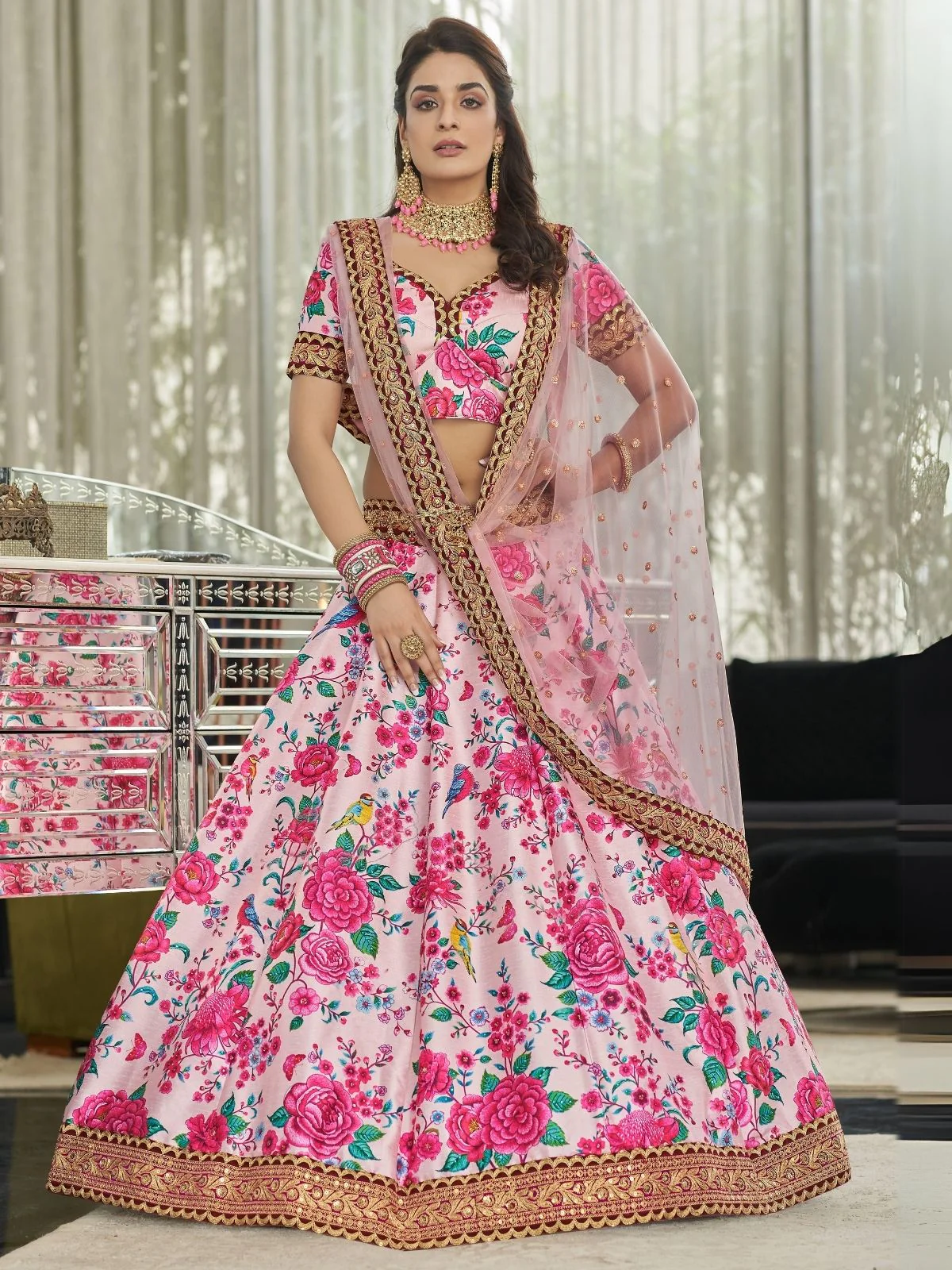 Odette Light Pink Art Silk Printed Semi Stitched Lehenga With Unstitched Blouse For Women - Image 2
