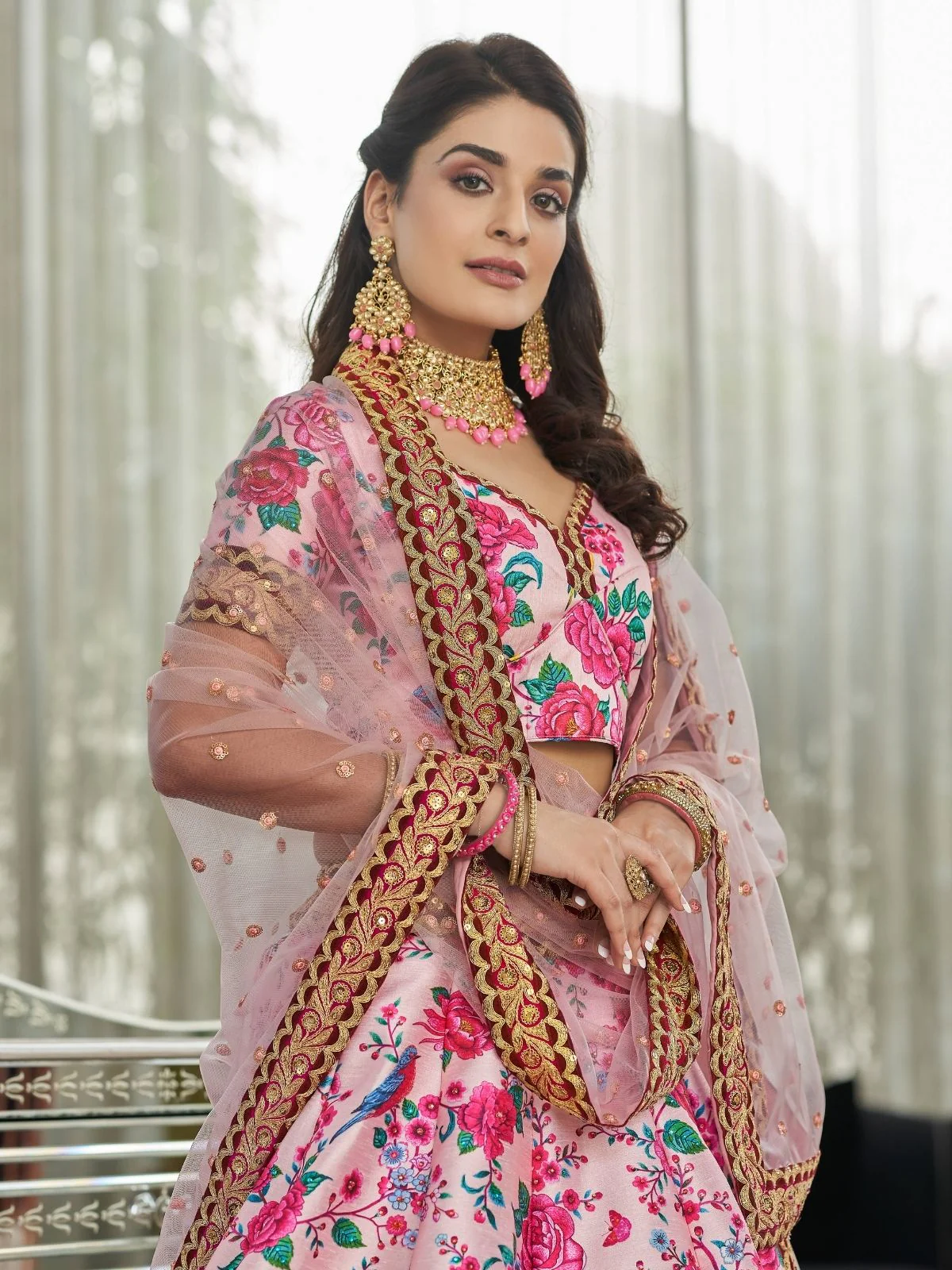 Odette Light Pink Art Silk Printed Semi Stitched Lehenga With Unstitched Blouse For Women - Image 3