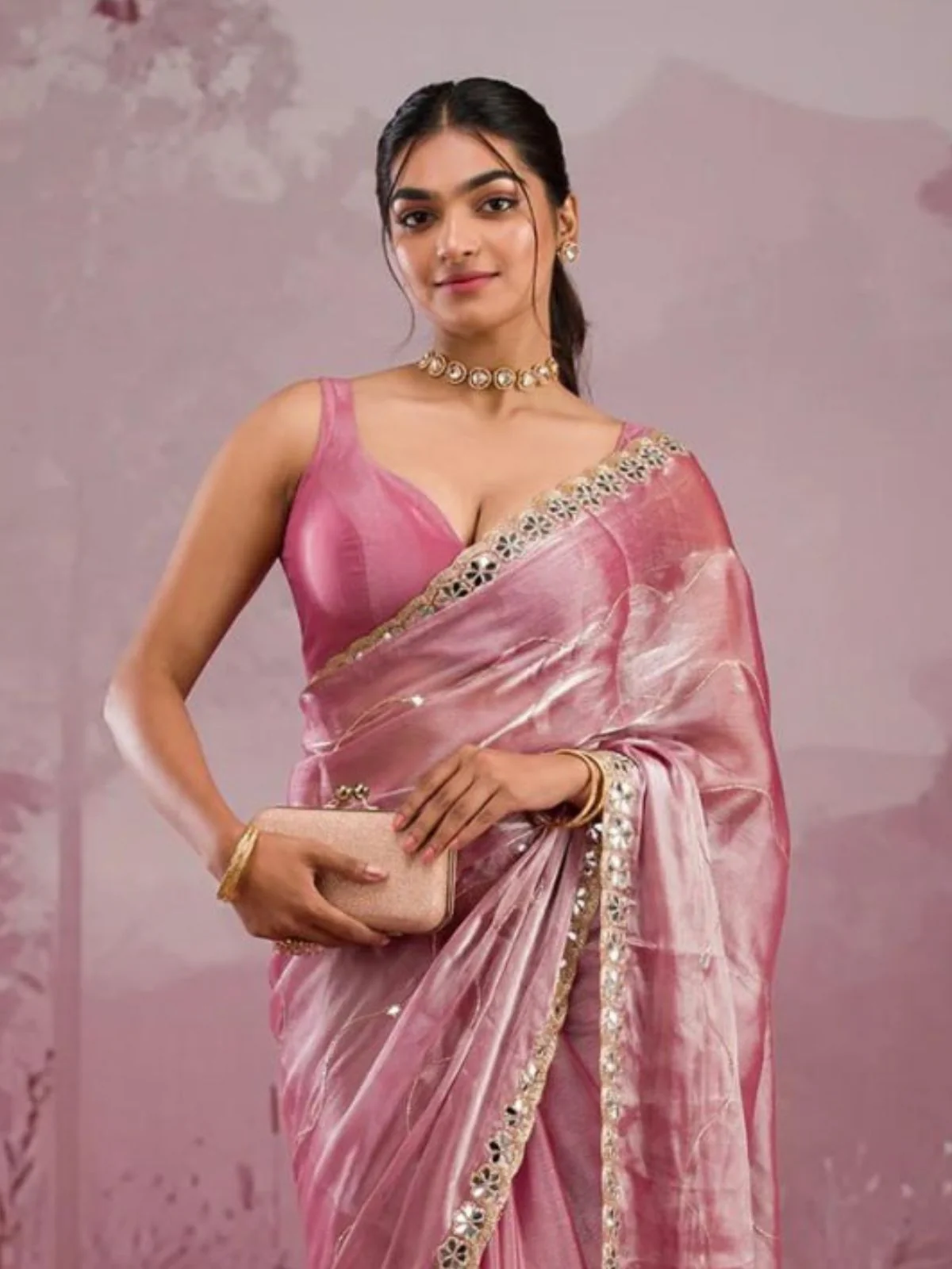 Odette Light Pink Chiffon Embroidered Saree For Women - Image 2
