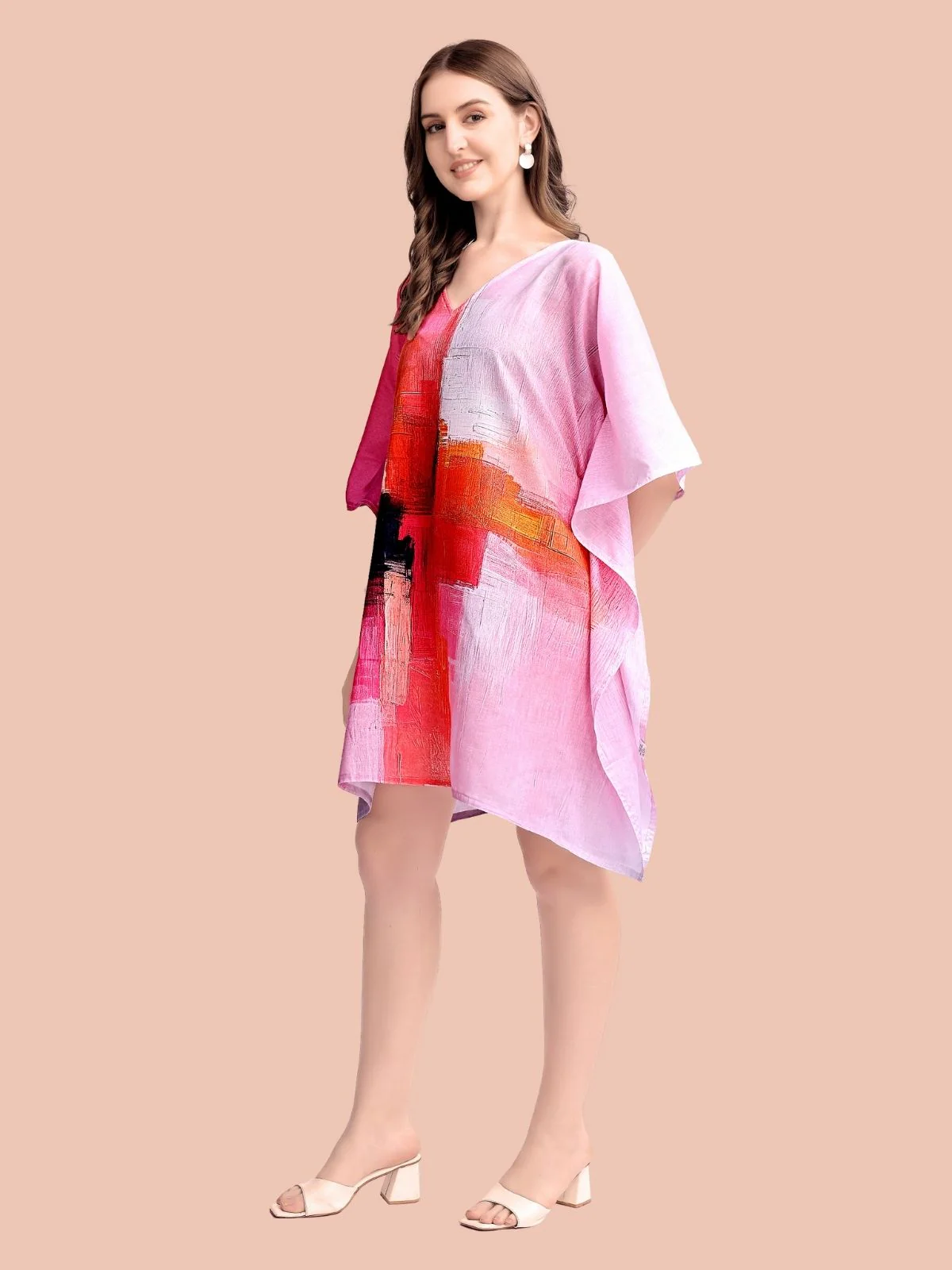 Odette Light Pink Cotton Blend Printed Kaftan For Women - Image 2
