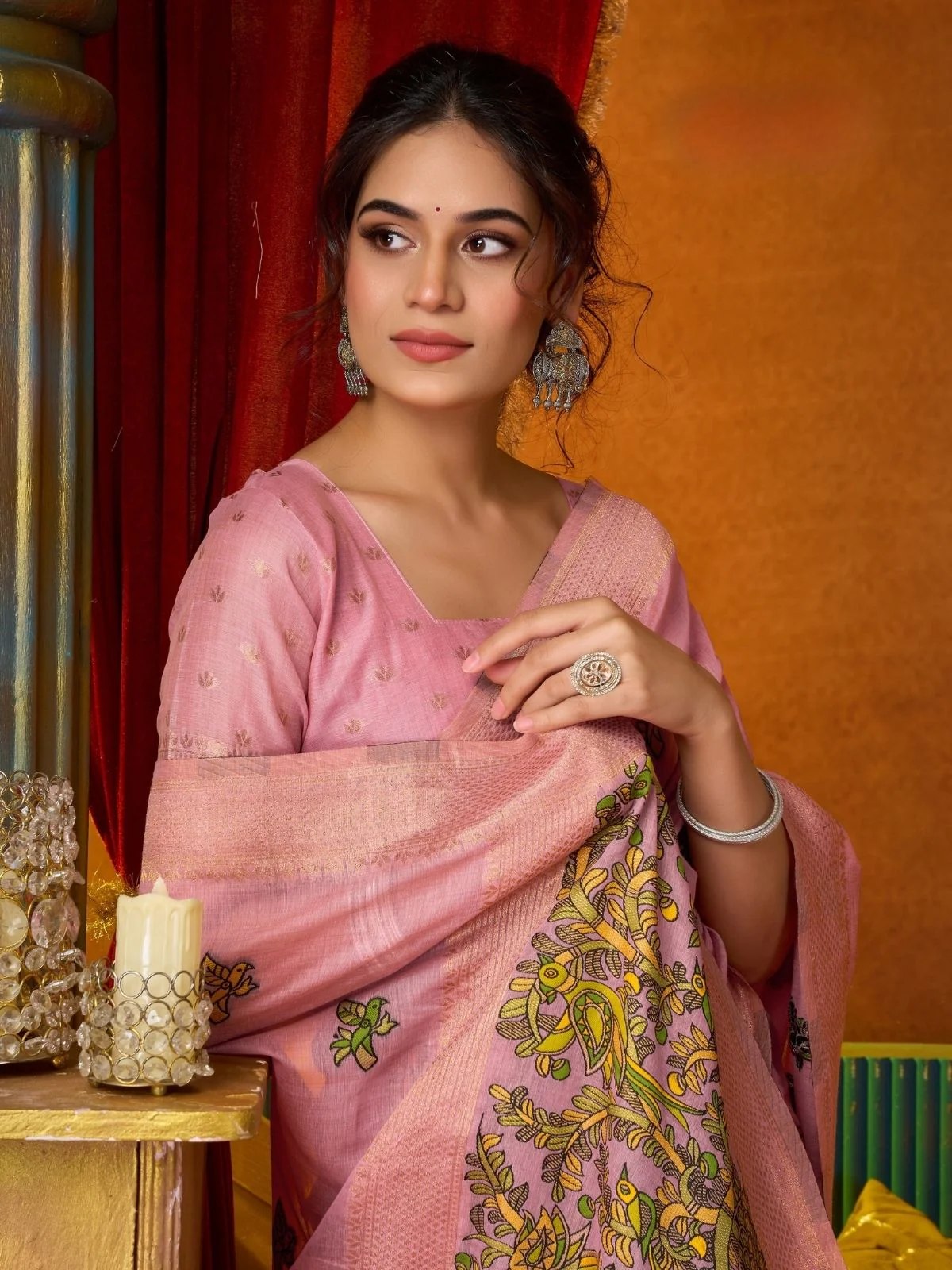 Odette Light Pink Cotton Blend Printed Saree For Women - Image 5