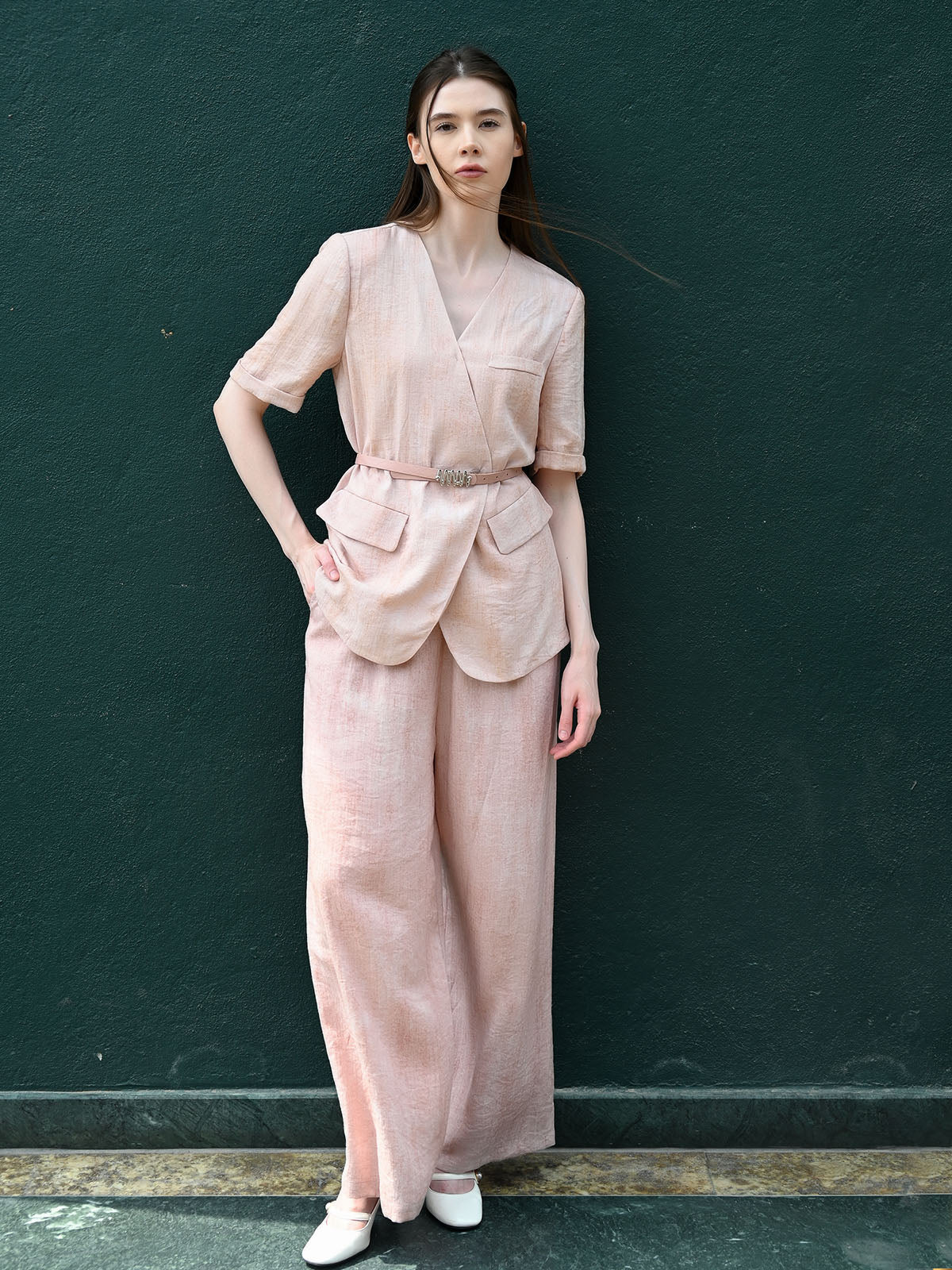 Odette Light Pink Cotton Blend Solid Co-Ord Set For Women - Image 2