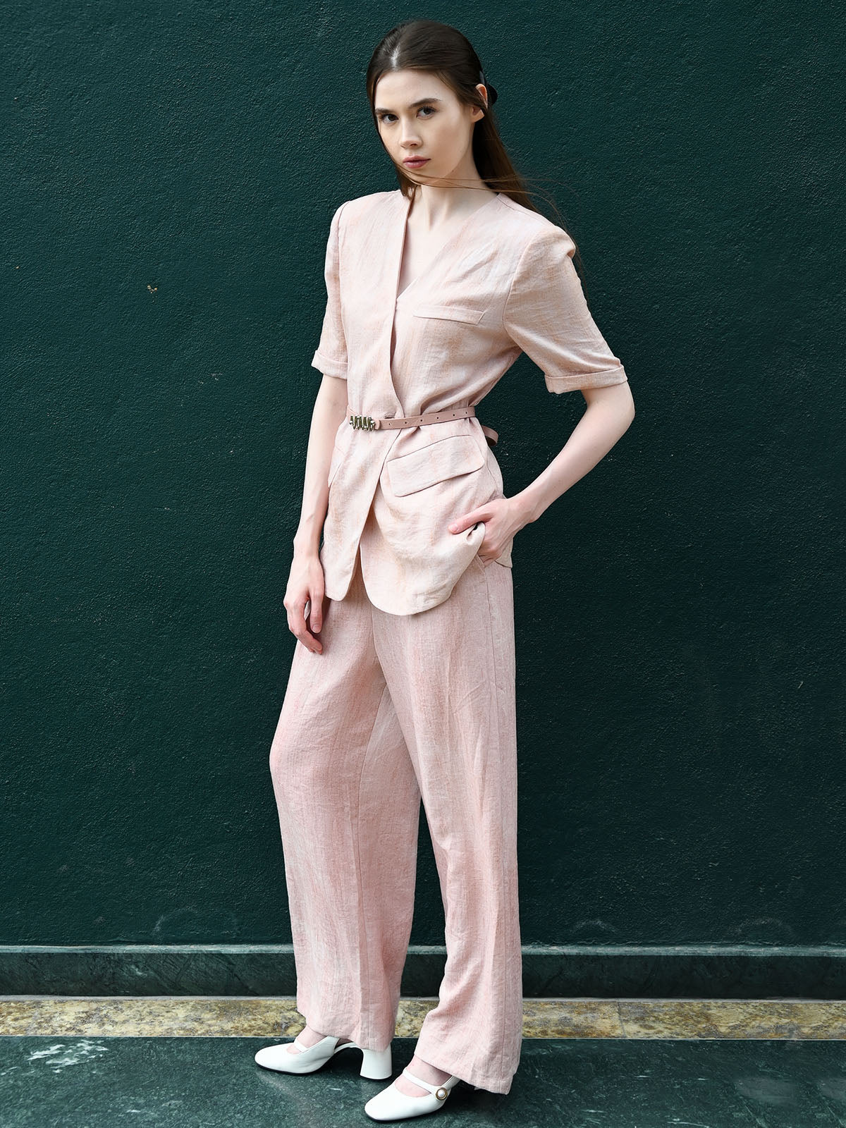 Odette Light Pink Cotton Blend Solid Co-Ord Set For Women - Image 3