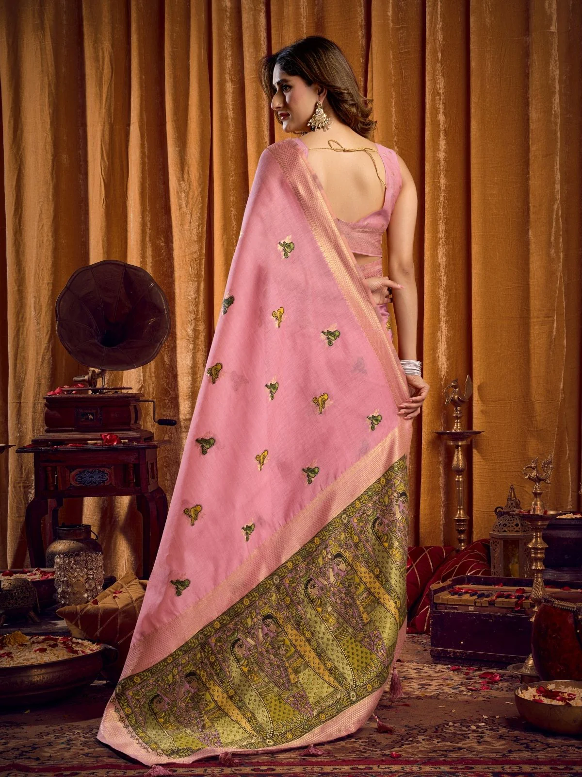 Odette Light Pink Cotton Blend Woven Saree For Women - Image 4