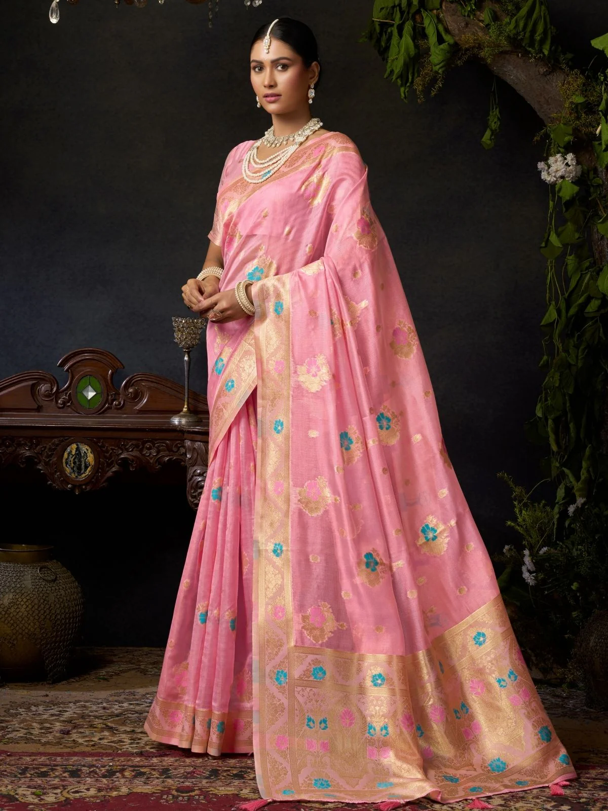 Odette Light Pink Cotton Blend Woven Saree For Women - Image 2