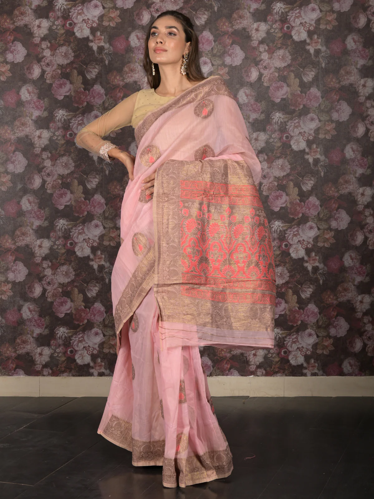 Odette Light Pink Cotton Blend Woven Saree with Unstitched Blouse for Women - Image 2